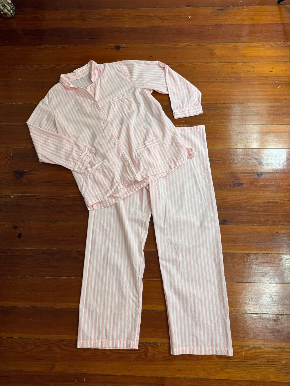 Victorias Secret Pink Striped 100% Cotton Button Up Pajama Set Sz Large 💛🍄